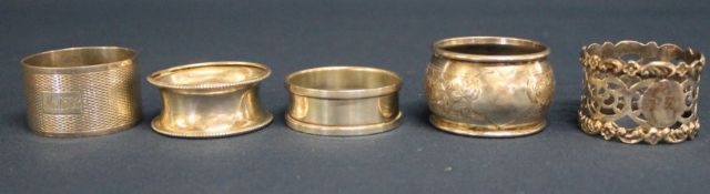 5 silver napkin rings - varying dates 2.8ozt
