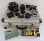 Mamiya M645J camera with Mamiya - Sekor 143512 lens, Jessops carry case, film, Leica light meter MR,