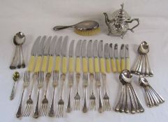 Silver hairbrush, Duchess plate cutlery set and silver plate teapot
