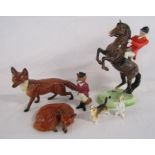 Beswick large fox approx. 24cm, huntsman on rearing horse 868 (damage to ear) and sleeping fox,