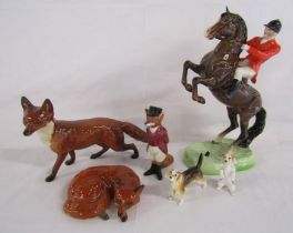 Beswick large fox approx. 24cm, huntsman on rearing horse 868 (damage to ear) and sleeping fox,