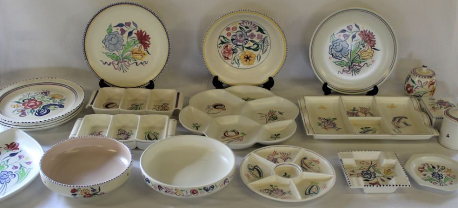 Selection of Poole pottery, including plates, hors d'oeuvres dishes with seafood design, jam pots,