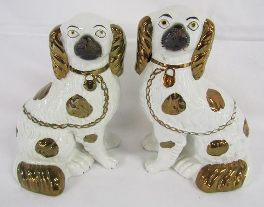 2 Staffordshire style black faced pug dogs and 2 small fireside spaniels approx. 24cm tall - Image 2 of 5