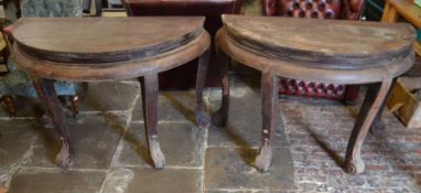 Pair of distressed Oriental demi-lune tables