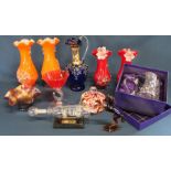Edinburgh crystal tankard (boxed), 2 pairs of cased glass vases, amber glass rearing horse,