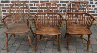 Yew and elm Windsor chair with broken splat, another Windsor chair and a wheelback chair