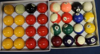 Box of Johnny 8 Ball pool balls & box of spots & stripes pool balls (by The Billiard Ball Company)