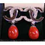 Pair of Italian 18ct gold diamond earrings with entwined C design and coral drops (marked 750) 12.