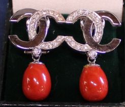 Pair of Italian 18ct gold diamond earrings with entwined C design and coral drops (marked 750) 12.