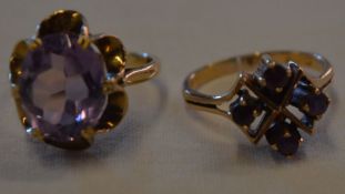 4 stone 9ct amethyst ring K/L and another possibly amethyst 9ct gold ring size L/M, total weight 5.