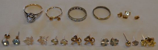 A mixed lot of marked 9ct gold, including earrings, rings etc, total weight 9.36g