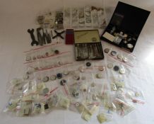 Collection of watch parts includes faces, workings, tools - pocket watch faces including J.Sizer