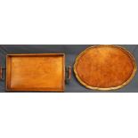 Oak 2 handled tray 64cm wide (handle to handle) & burr walnut oval tray 56cm wide