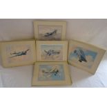 5 W McDowell signed and mounted aviation watercolours each approx. 37cm x 27.5cm