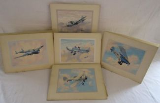 5 W McDowell signed and mounted aviation watercolours each approx. 37cm x 27.5cm
