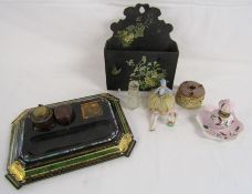 Collection of desk items includes leather bound inkwell, Victorian papier mache pen and ink stand