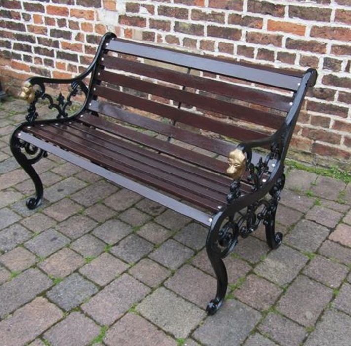 Wooden bench with cast iron lion head bench ends - Image 2 of 3