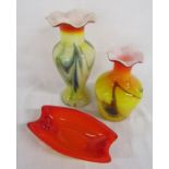 3 pieces of orange and yellow Murano style glass  - 2 flare rimmed vases approx. 16cm & 21cm and