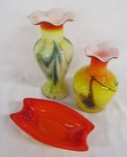 3 pieces of orange and yellow Murano style glass  - 2 flare rimmed vases approx. 16cm & 21cm and
