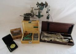 Collection of watchmakers items includes Starrett gauge, watchmakers punches, Gest staking set, VM28