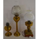 3 brass paraffin lamps (one converted to electric)