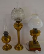 3 brass paraffin lamps (one converted to electric)