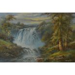 Large oil on board of a waterfall with deer in the foreground signed possibly R Darnford Frame