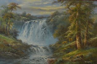Large oil on board of a waterfall with deer in the foreground signed possibly R Darnford Frame