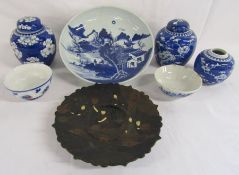 Oriental ware includes papier mache painted plate, 2 tea bowls, white prunus ginger jars 2 with