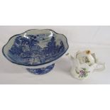 Modern blue and white fruit bowl with crackle glaze approx. 30.5cm x 15cm and Sadler teapot