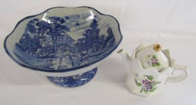 Modern blue and white fruit bowl with crackle glaze approx. 30.5cm x 15cm and Sadler teapot