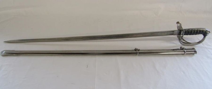 Turner Bros Bath North Somerset Yeomanry officers sword with patterned blade, sharkskin grip, proved