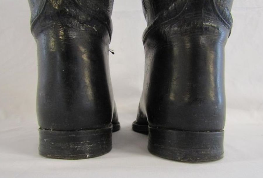 Long leather riding boots and wooden boot trees with brass pulls - boots marked 18795 G.T.H 1969 - Image 4 of 13