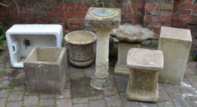 Concrete sundial, garden plinths, planters & a Belfast sink