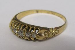 Tested as 18ct 5 stone diamond ring - gold marks visible but worn - ring size N/O - total weight 3.