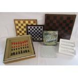 Collection of chess boards includes glass with pieces, RC creations board with pieces and large