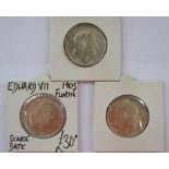 Edward VII 1902, 1905 and 1906 one florin two shillings coins