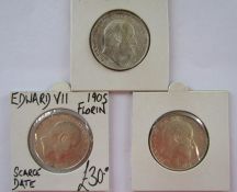 Edward VII 1902, 1905 and 1906 one florin two shillings coins