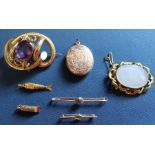 Victorian Pinchbeck brooch & 1 other, gold plated locket, reticulated fish pendant, miniature