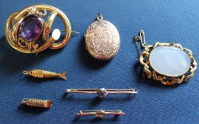 Victorian Pinchbeck brooch & 1 other, gold plated locket, reticulated fish pendant, miniature