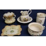 Blushware dish, Indian Tree chamber pot, kitchen canister, D N Staffordshire Ironstone jug &