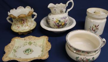 Blushware dish, Indian Tree chamber pot, kitchen canister, D N Staffordshire Ironstone jug &