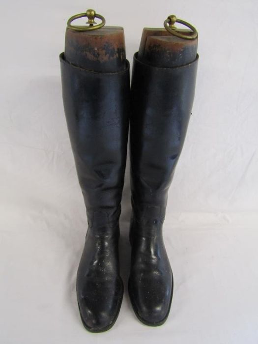 Long leather riding boots and wooden boot trees with brass pulls - boots marked 18795 G.T.H 1969 - Image 6 of 13