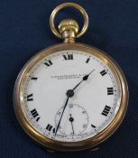 9ct gold open face top wind pocket watch with seconds dial, the face marked J Hargreaves & Co
