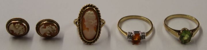 9ct gold cameo ring and earrings, 9ct peridot ring and 9ct fire opal and diamond ring, total