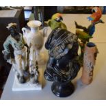 Resin parrot figures & a man with a dog, plaster bust of a girl, vases & a large metal knight figure