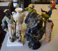 Resin parrot figures & a man with a dog, plaster bust of a girl, vases & a large metal knight figure