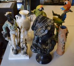 Resin parrot figures & a man with a dog, plaster bust of a girl, vases & a large metal knight figure