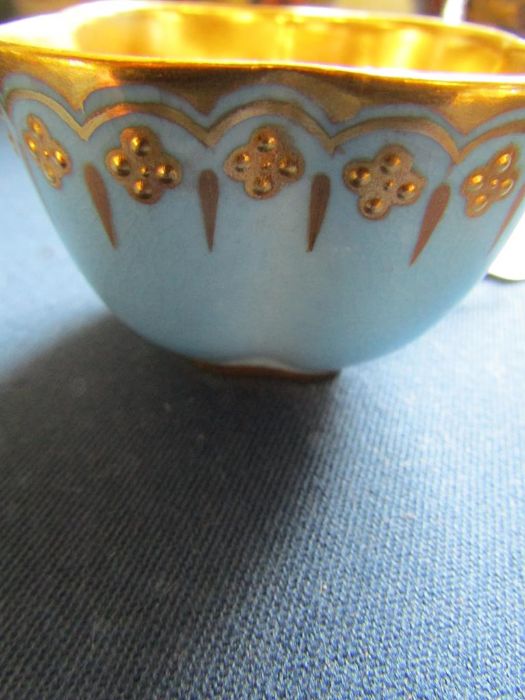 Coalport t201 miniature cabinet teacup and saucer (marked A.D. 1750) - blue with gold decoration and - Image 9 of 10