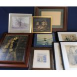 3 framed hand -coloured French fashion prints, small framed oil on board depicting galleons with